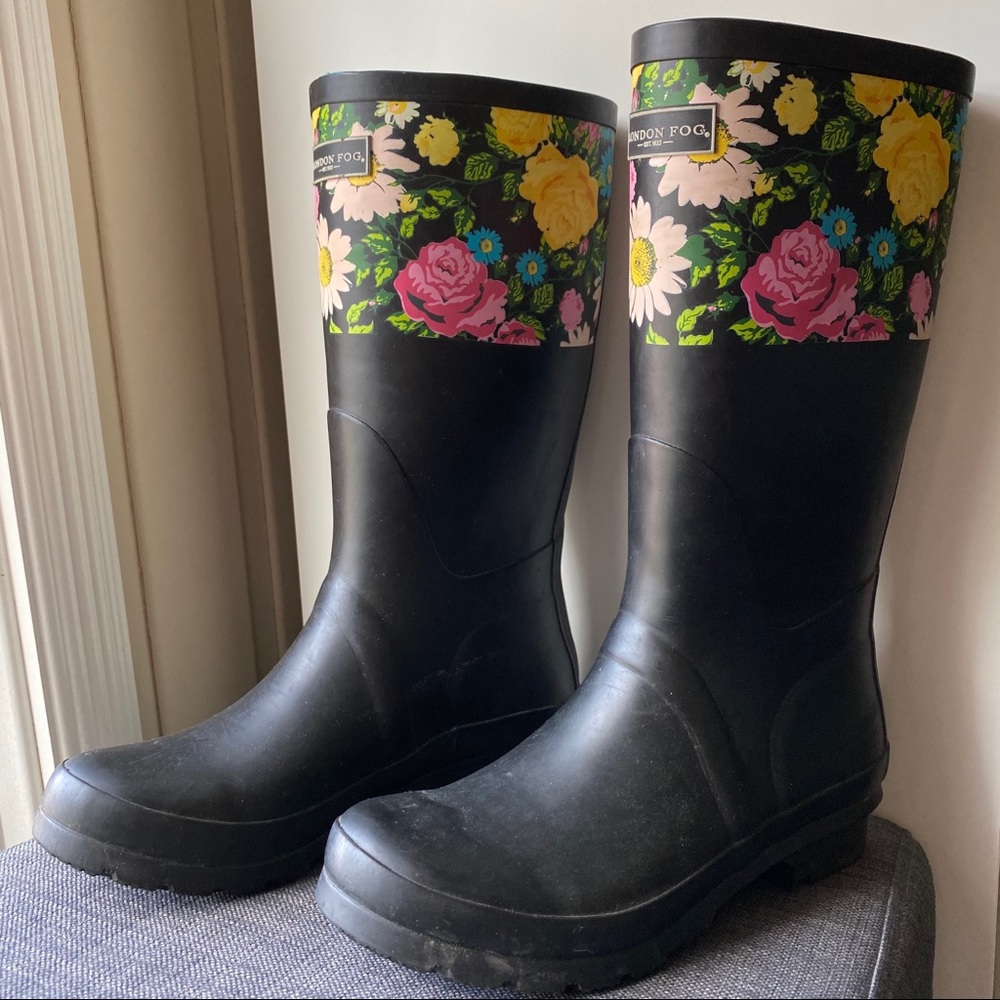 London Fog Black Floral Rain Boots Sz 6.5